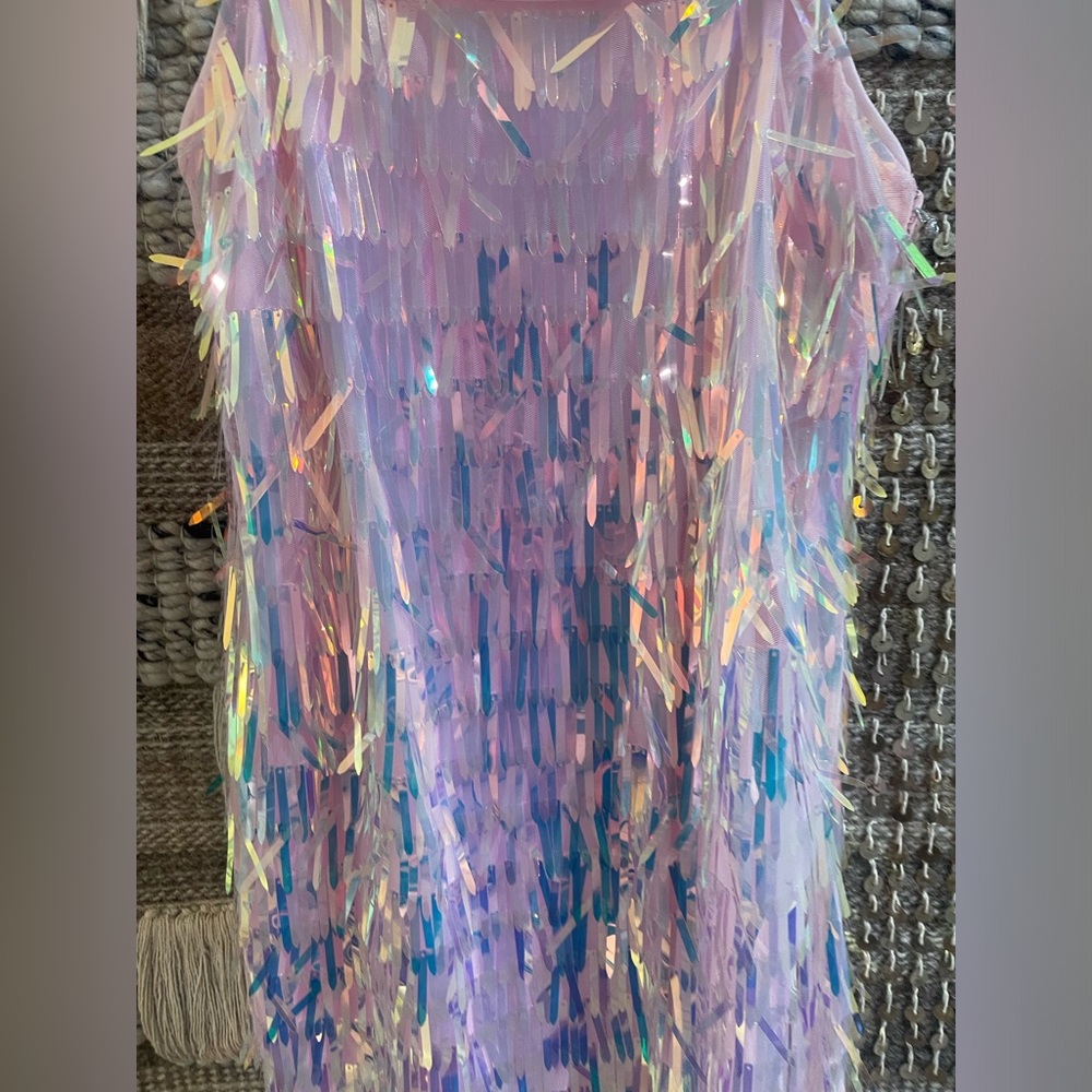π NWT Forever 21 rainbow hologram AB crystal pink sequin mini dress sz S - Picture 2 of 10
